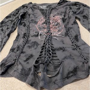 Affliction American Customs grey and black with pink metallic lettering size M